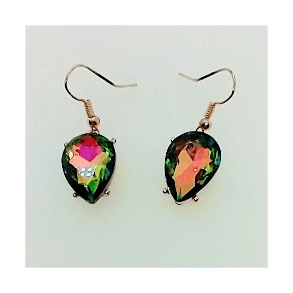 Crystal Teardrop Vitrail (Green Multi) Earrings Fishhook Earwires Gold Tone